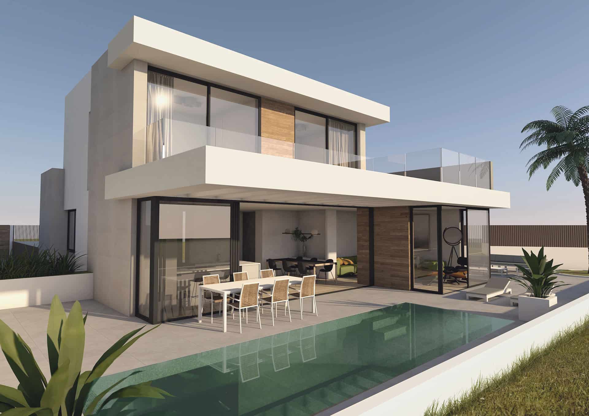 casa de diseño al atardecer diseñada por la quinta fachada estudio de arquitectura con estilo mediterráneo en la costa blanca
