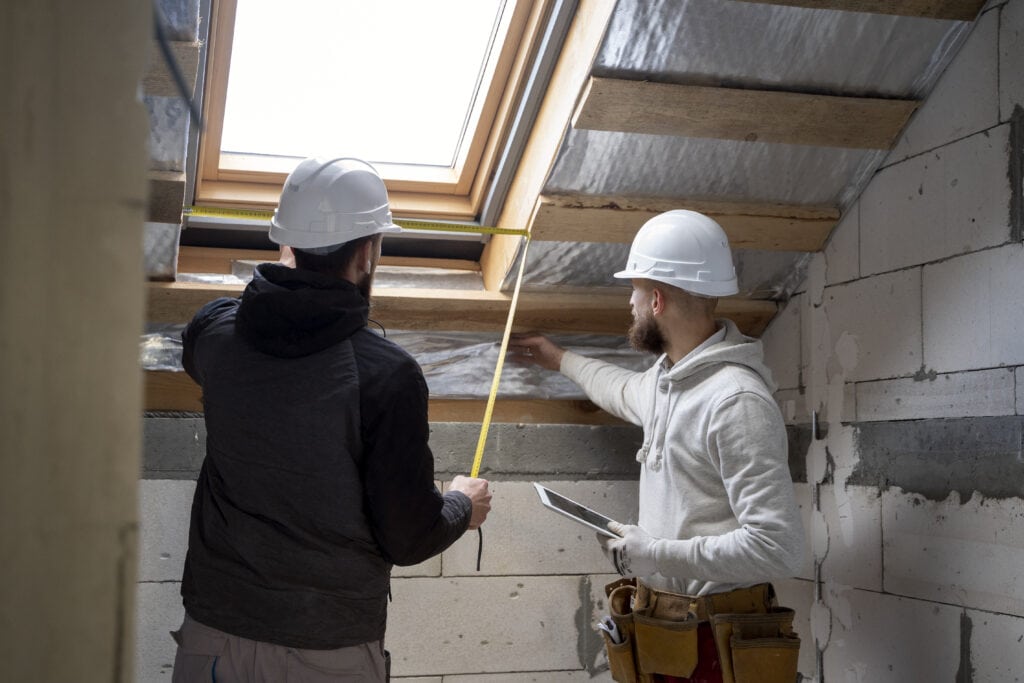 Un obrero y un arquitecto aplicando aislamiento térmico en la obra de una vivienda.