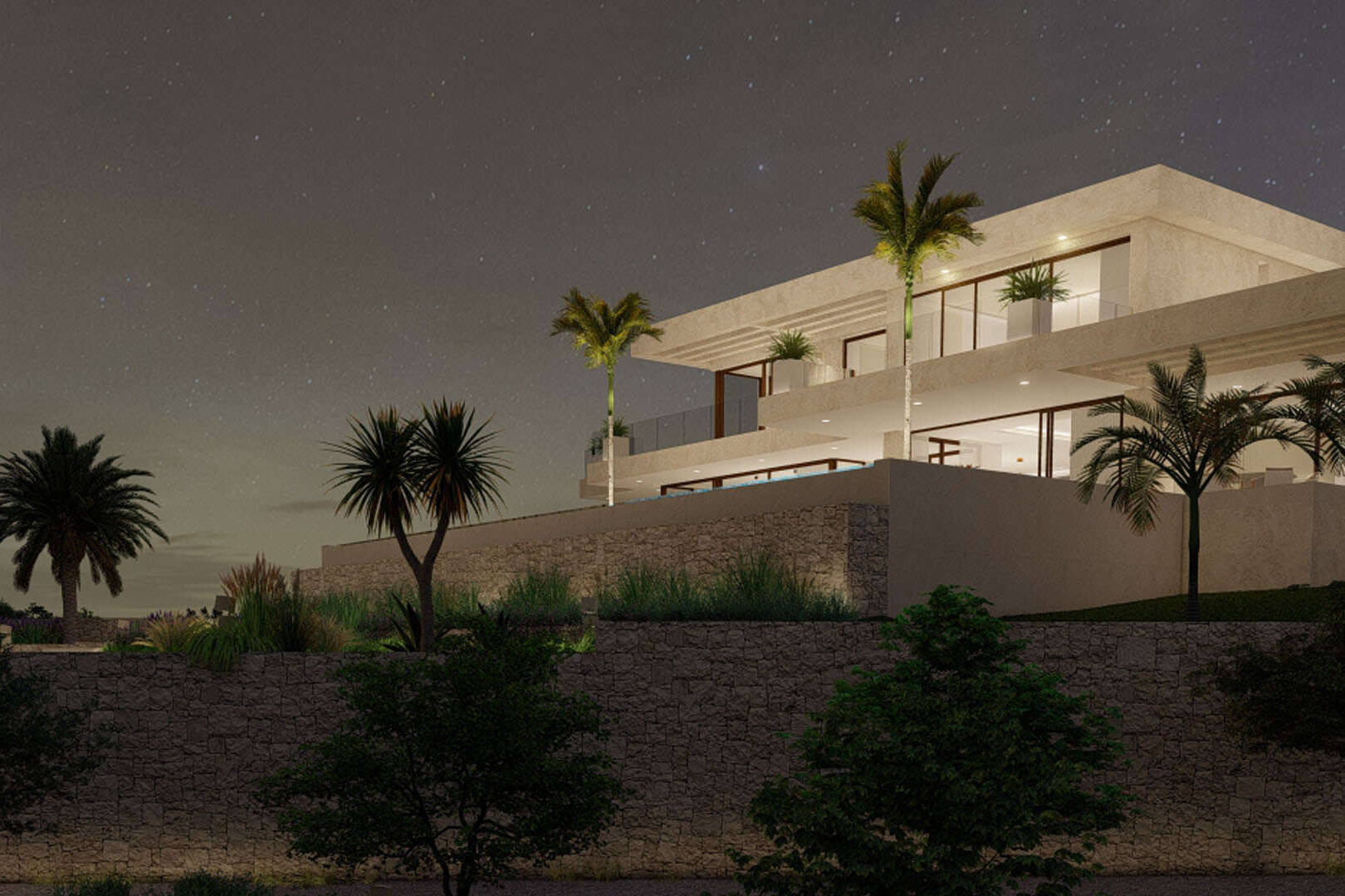 Villa en Javea al anochecer construida y diseñado por arquitecto en Xabea, La quinta fachada.