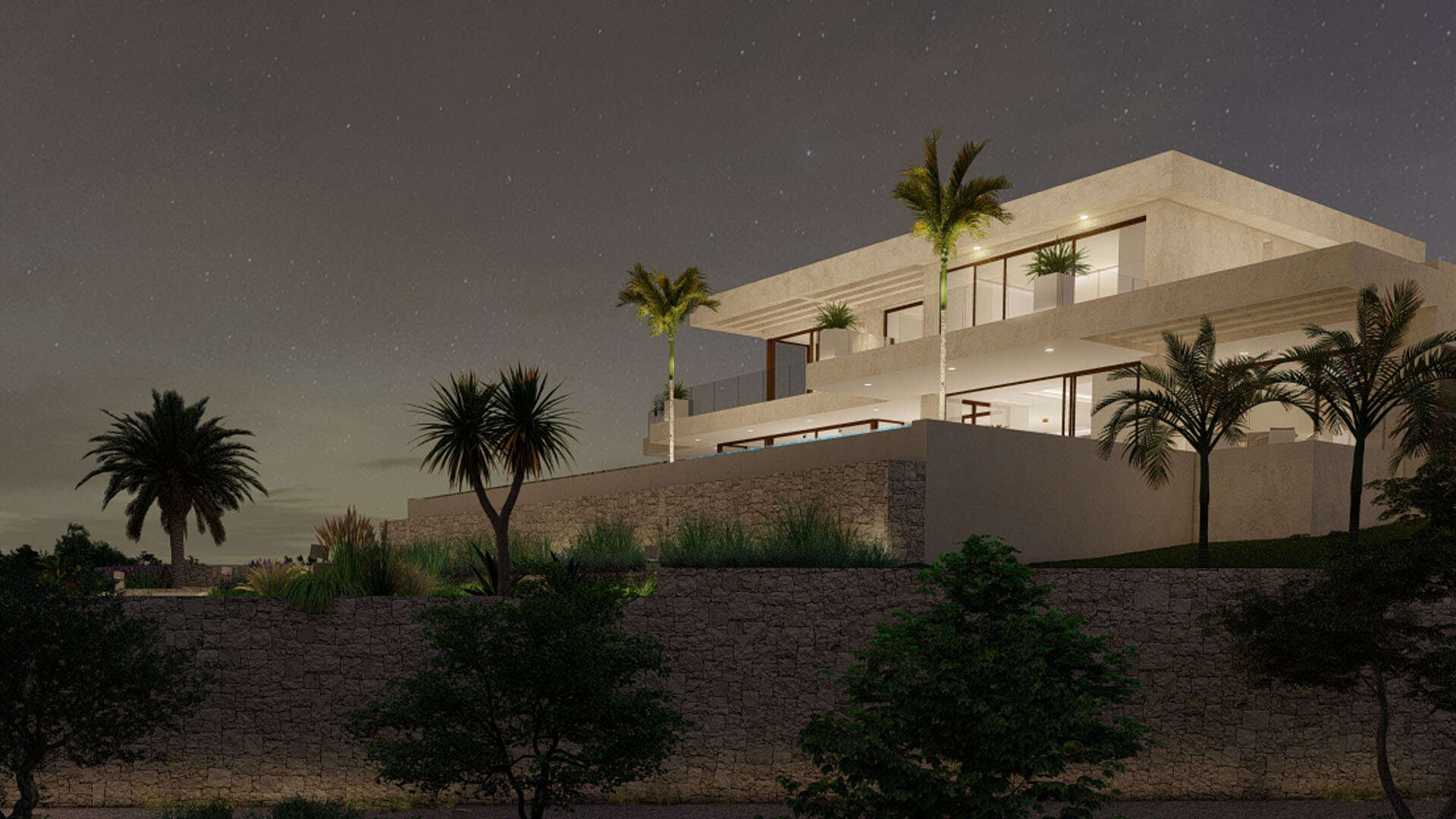 Villa en Javea al anochecer construida y diseñado por arquitecto en Xabea, La quinta fachada.