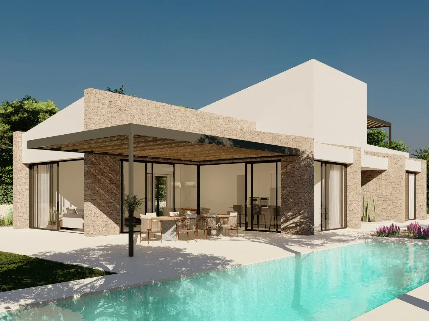 Una villa moderna de una planta con fachada blanca y detalles en piedra. La villa cuenta con grandes ventanales que se abren a una terraza cubierta con pérgola y un comedor exterior.