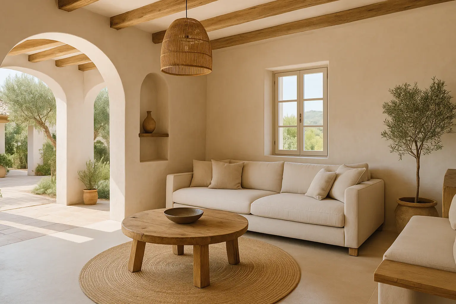 Espacio exterior conectado al salón en vivienda diseño mediterráneo