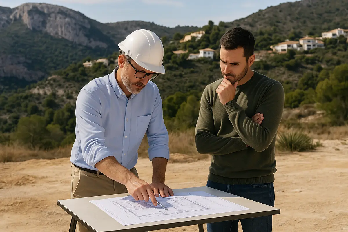 Arquitecto y cliente revisando dudas sobre proyecto de construcción en la Costa Blanca