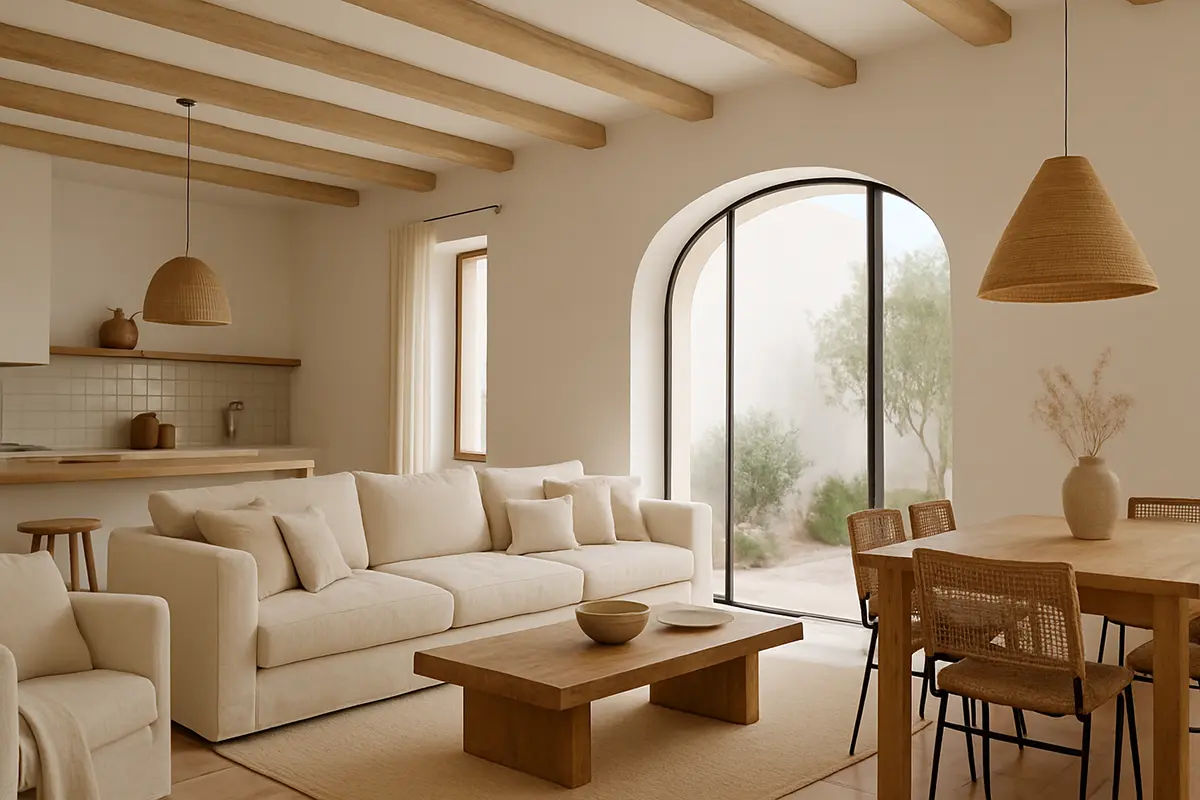 Salón mediterráneo con luz natural y materiales nobles