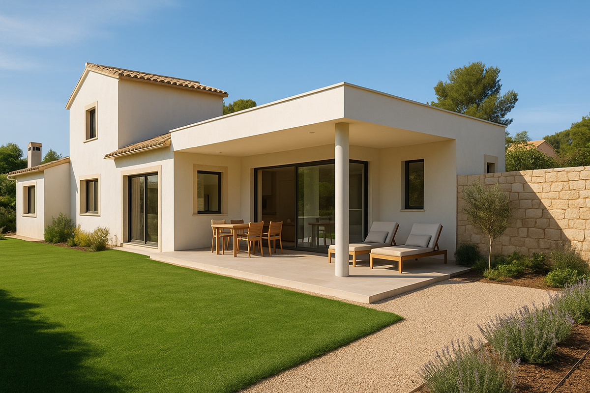 ampliación de casa en la Comunidad Valenciana con terraza y jardín, diseñada y construida de forma legal.
