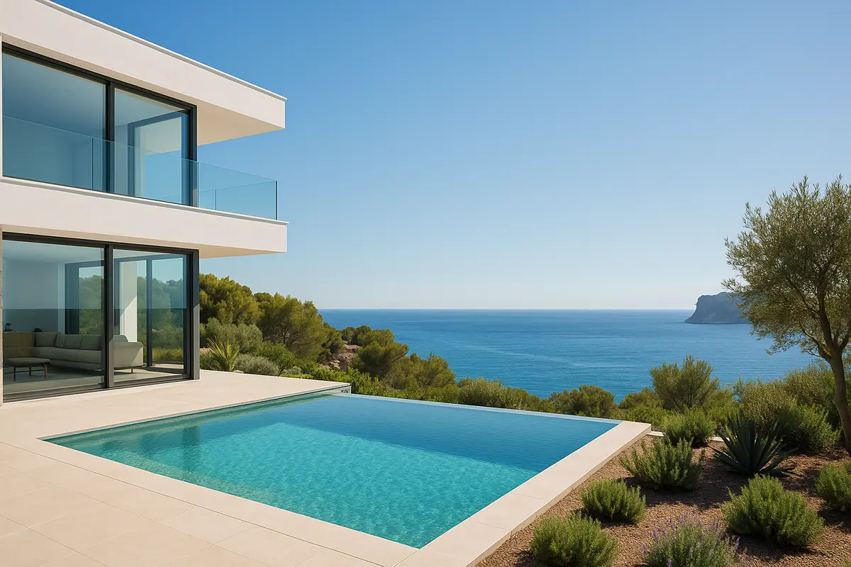 Casa moderna diseñada en Moraira con piscina infinita, ventanales grandes y jardín mediterráneo frente al mar.