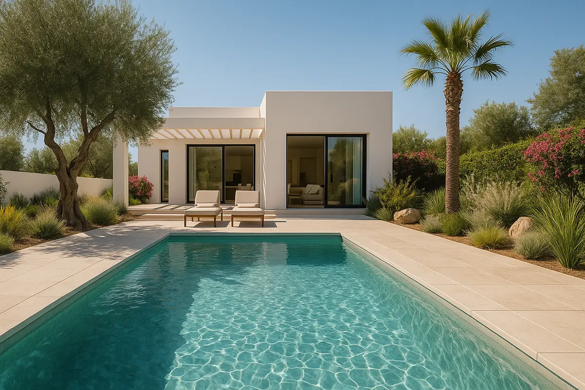 Piscina en vivienda mediterránea, rodeada de vegetación y con terraza soleada en la Costa Blanca.
