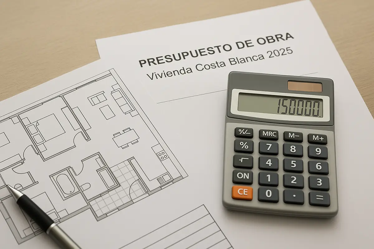 Plano de obra sobre mesa con presupuesto detallado para construir una vivienda en la Costa Blanca en 2025