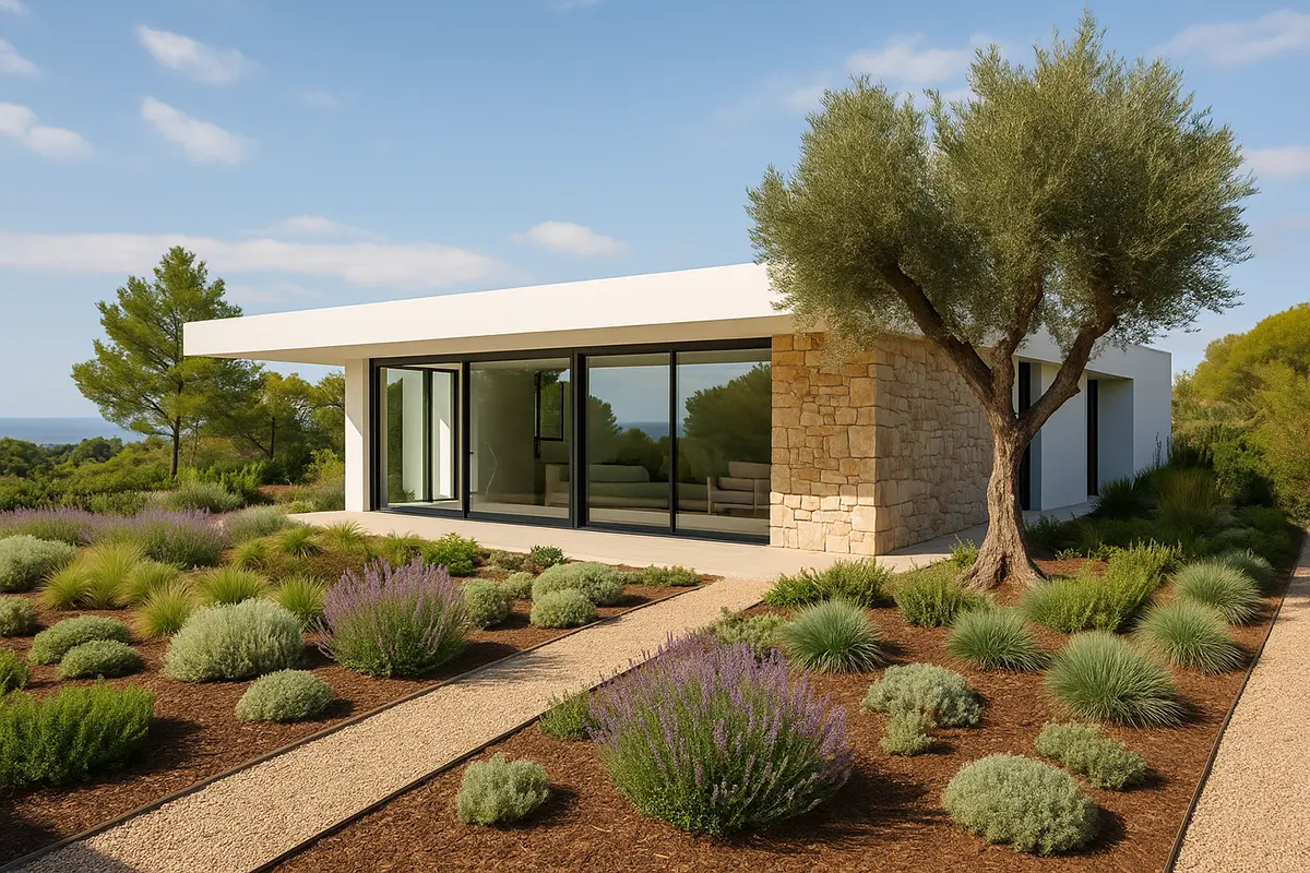 Diseño paisajístico mediterráneo integrado con vivienda moderna en la Costa Blanca