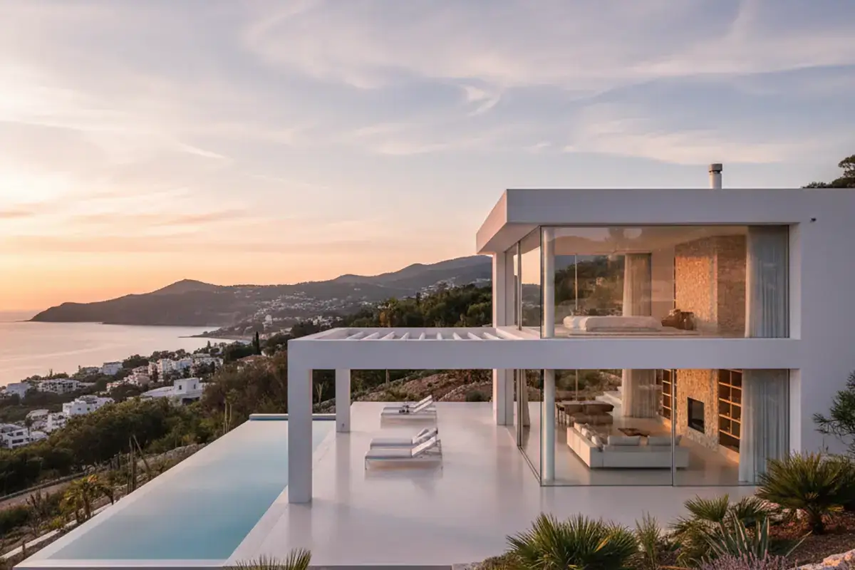 illa moderna con grandes ventanales, piscina y jardín, mostrando las tendencias de arquitectura mediterránea.