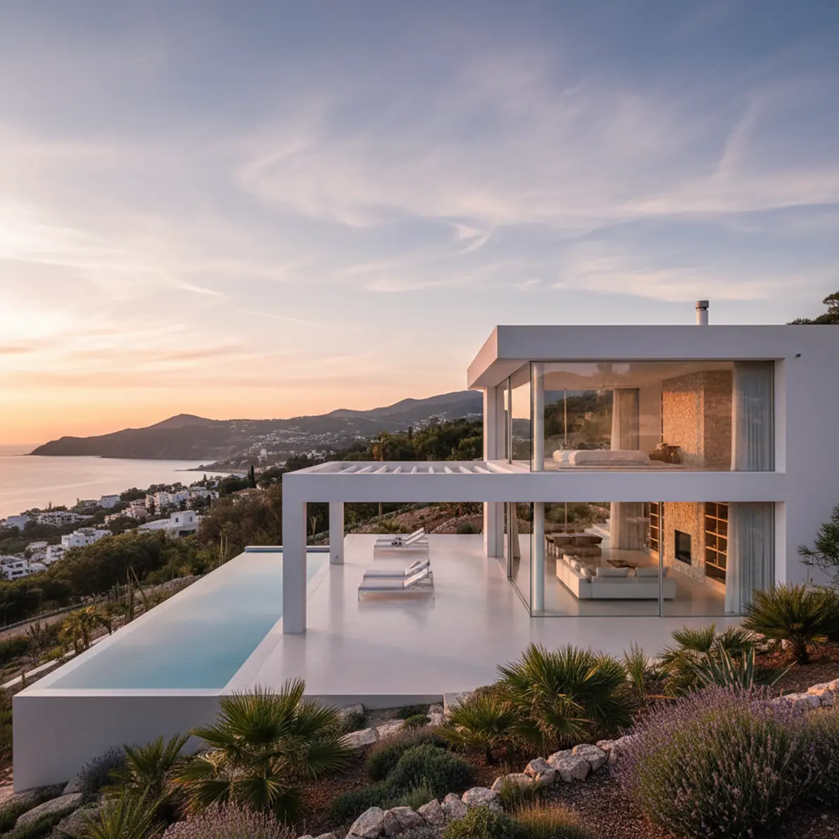 illa moderna con grandes ventanales, piscina y jardín, mostrando las tendencias de arquitectura mediterránea.
