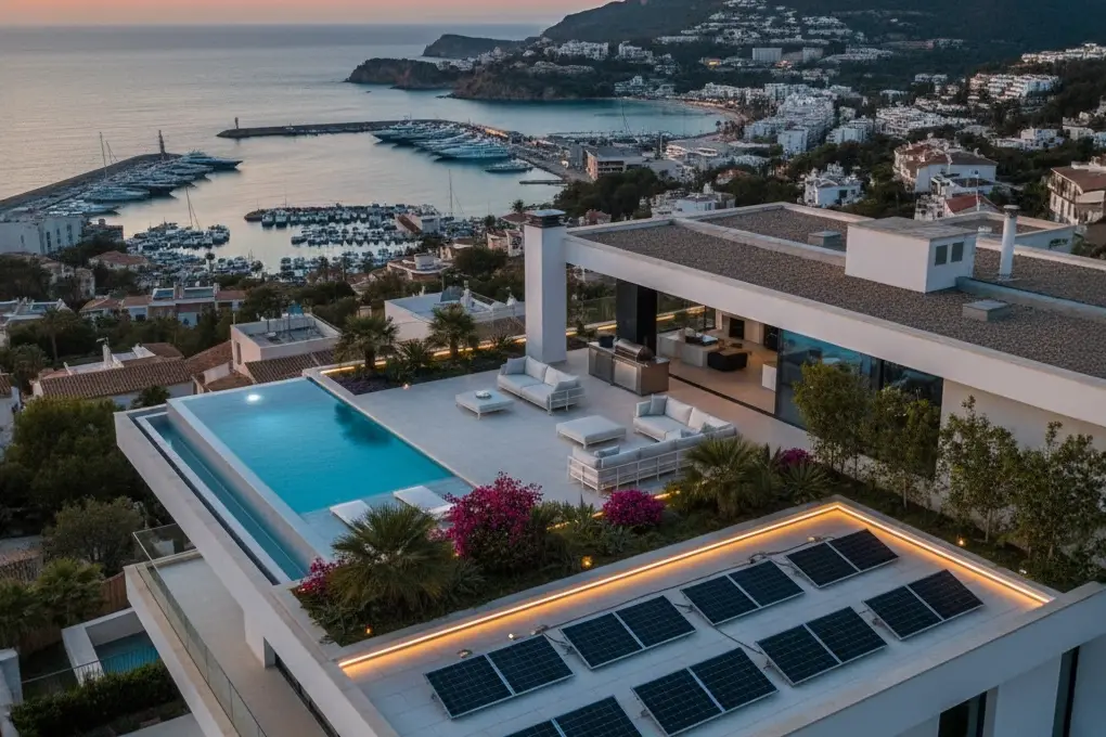 Terraza rooftop de lujo en Calpe, ejemplo de un diseño de cubiertas para villas modernas con piscina y vistas al mar.