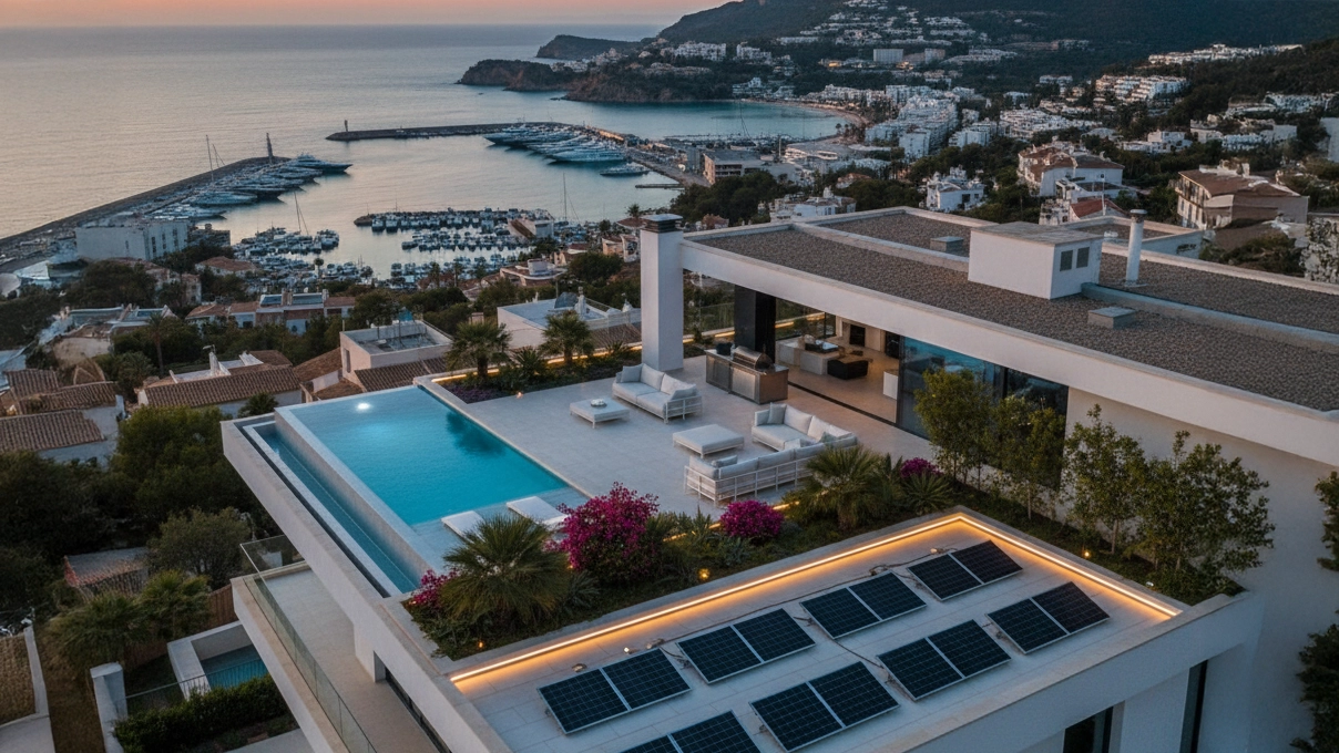 Terraza rooftop de lujo en Calpe, ejemplo de un diseño de cubiertas para villas modernas con piscina y vistas al mar.