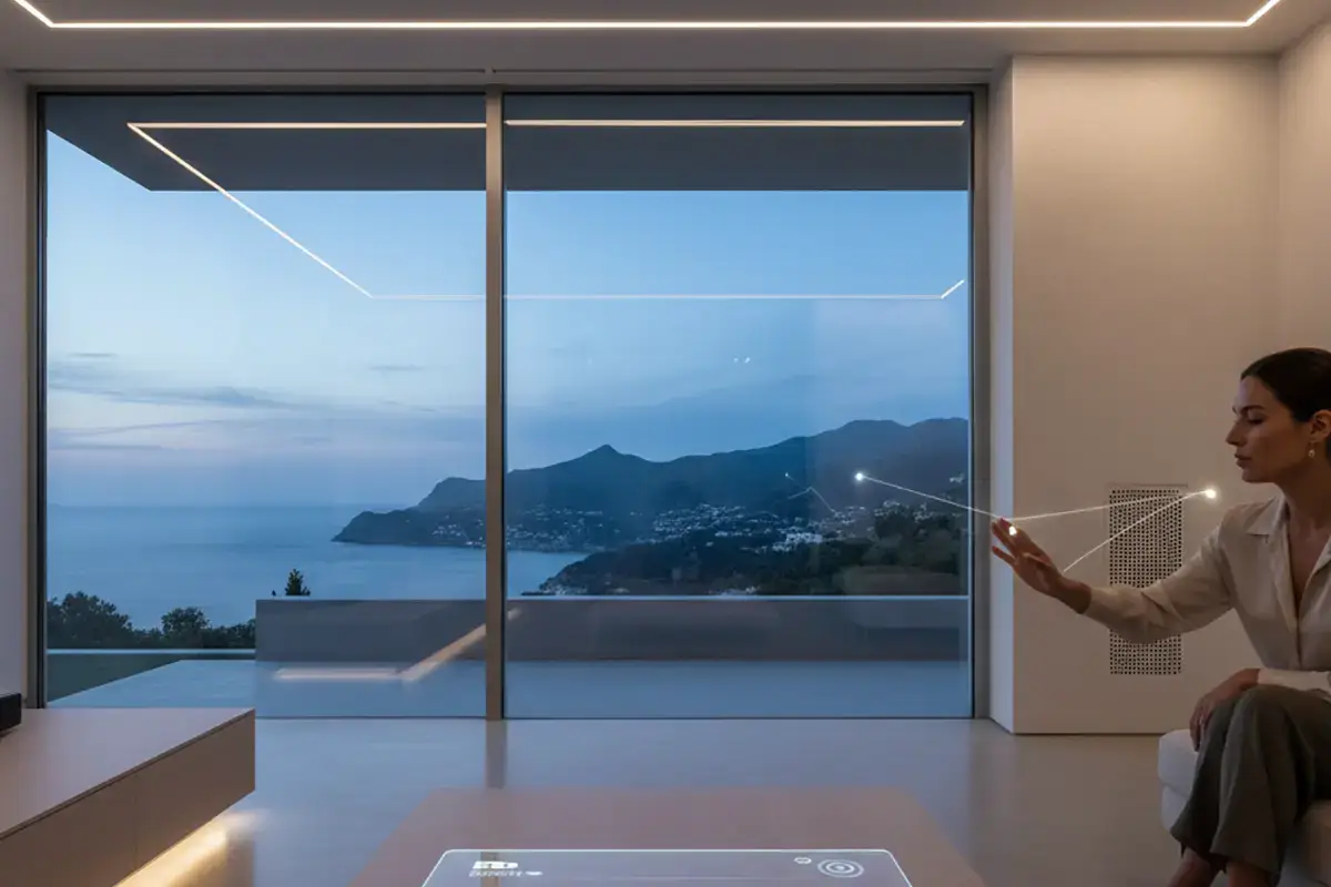 Salón minimalista de una villa de lujo en Altea con una tablet mostrando la interfaz de domótica 2026