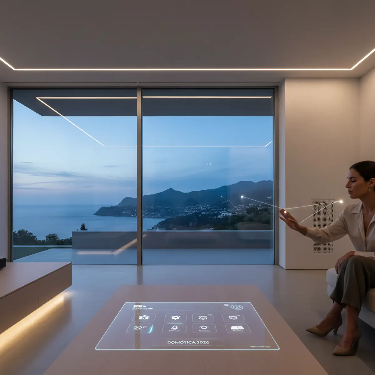 Salón minimalista de una villa de lujo en Altea con una tablet mostrando la interfaz de domótica 2026