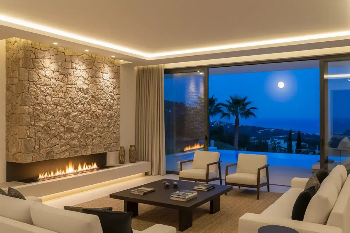 Iluminación de villa de lujo, con luz cálida y agradable.