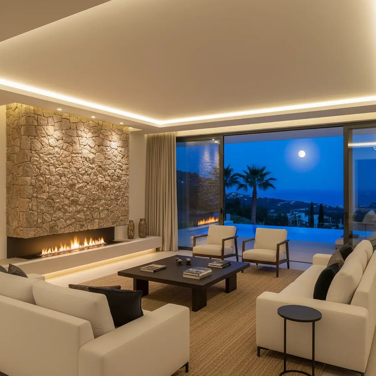 Iluminación de villa de lujo, con luz cálida y agradable.