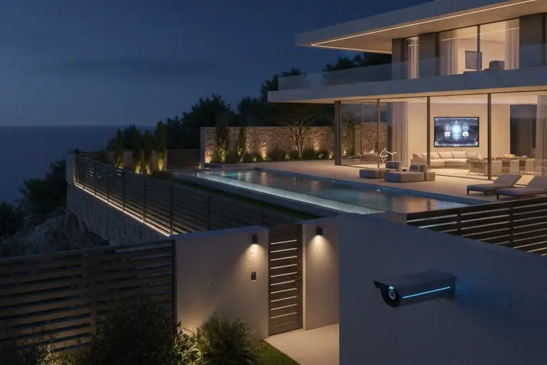 Seguridad en villa de lujo moderna en Jávea de noche, con una cuidada iluminación perimetral y un cerramiento de diseño.
