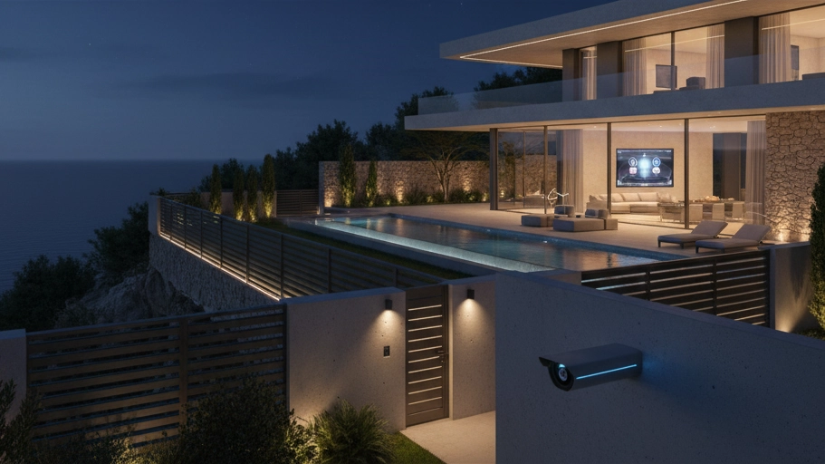 Seguridad en villa de lujo moderna en Jávea de noche, con una cuidada iluminación perimetral y un cerramiento de diseño.