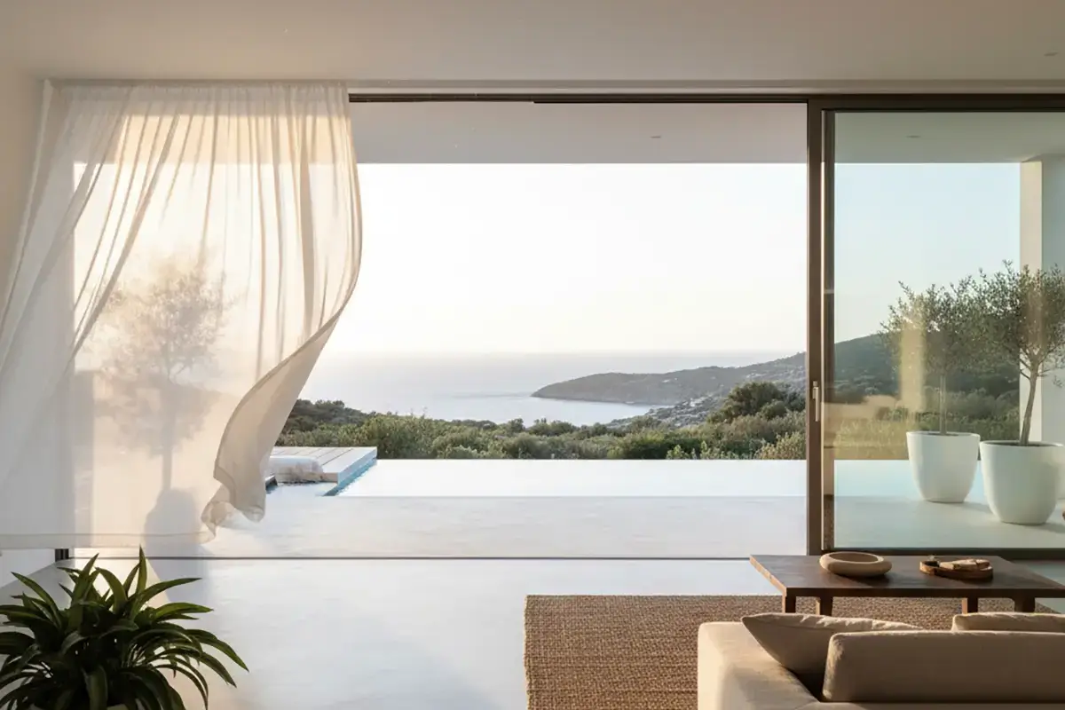 Interior de una villa de diseño en la Costa Blanca con grandes ventanales abiertos, mostrando la ventilación cruzada y la entrada de luz natural.