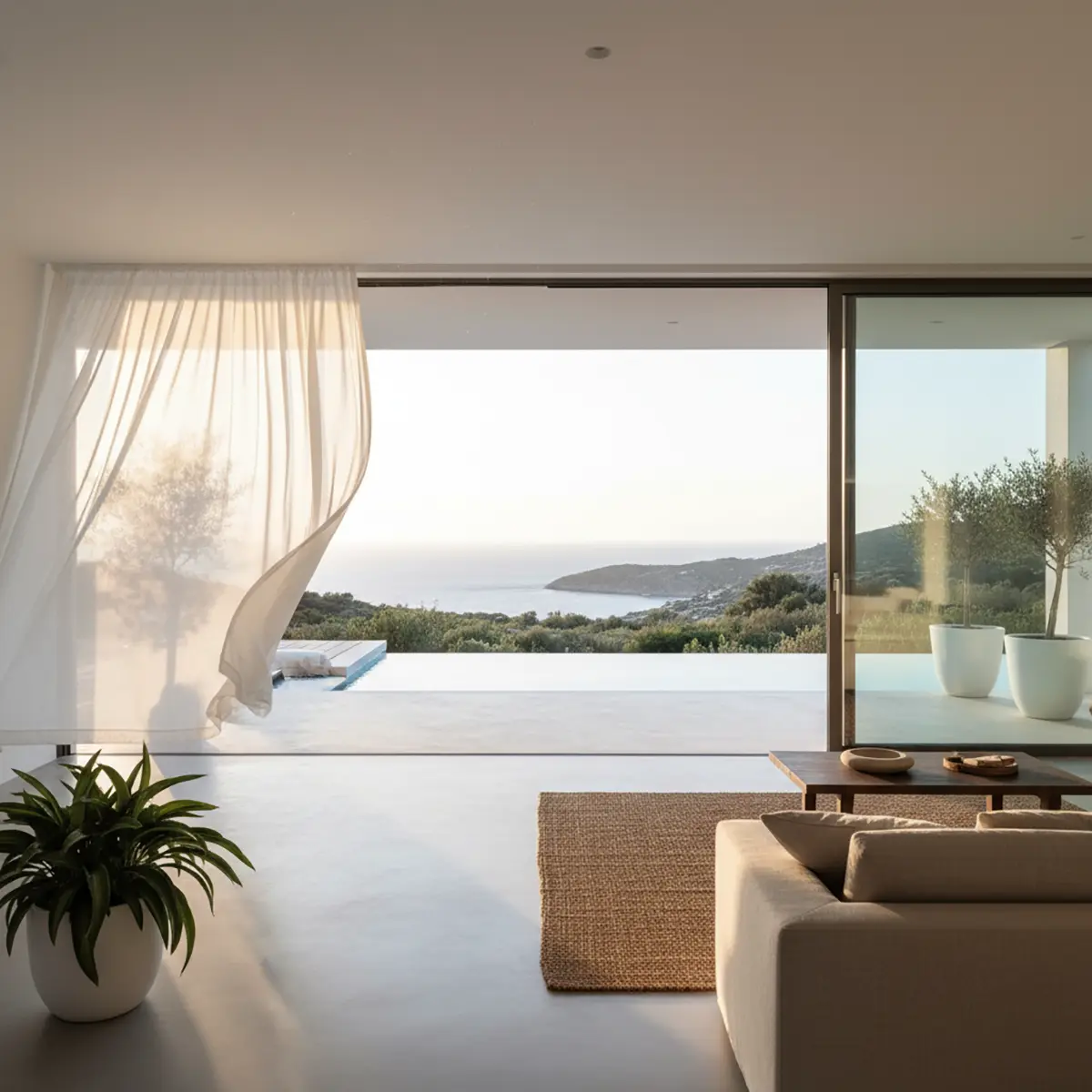 Interior de una villa de diseño en la Costa Blanca con grandes ventanales abiertos, mostrando la ventilación cruzada y la entrada de luz natural.