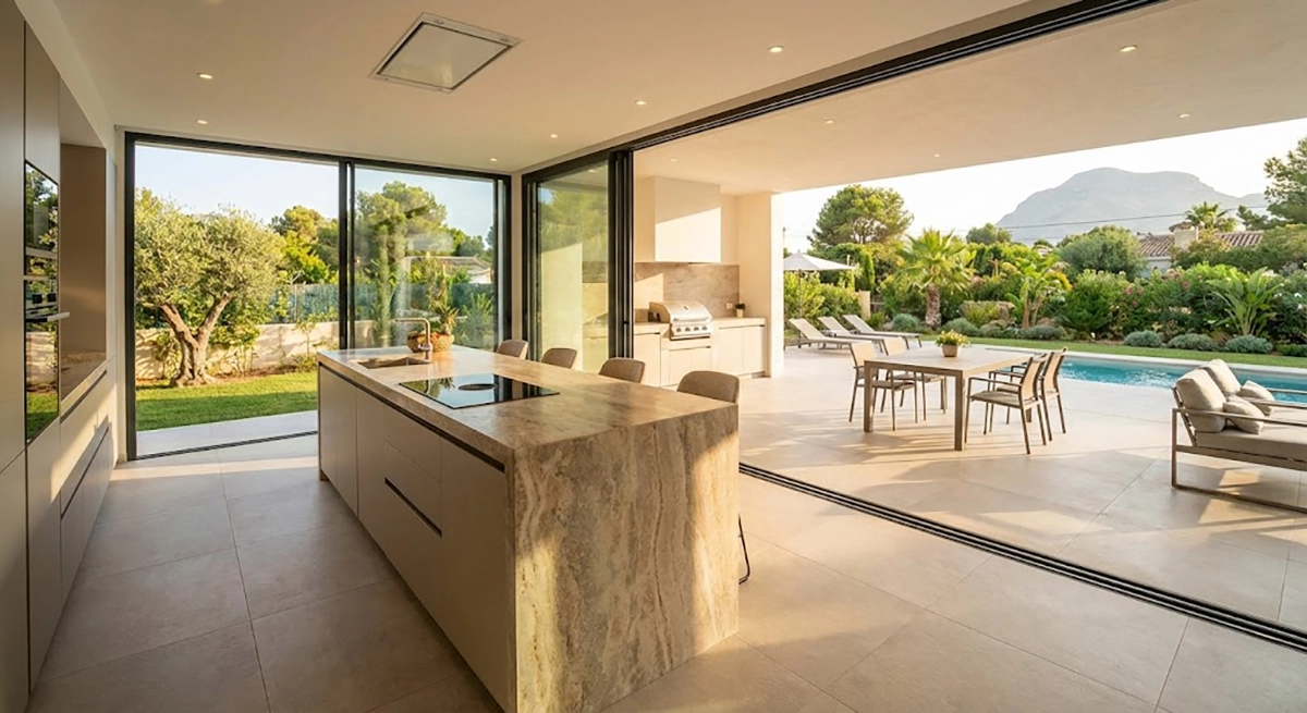 Ejemplo de cocinas abiertas al exterior mediante grandes ventanales correderos que conectan con la piscina en una villa de Jávea