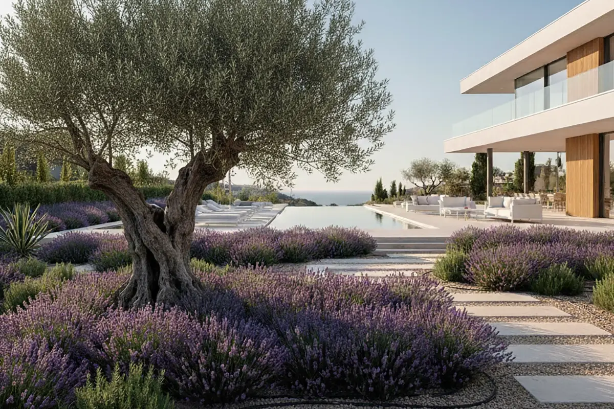 Espectacular jardín mediterráneo de bajo mantenimiento en una villa de lujo en Jávea, con olivos, lavanda y un diseño de paisajismo sostenible.