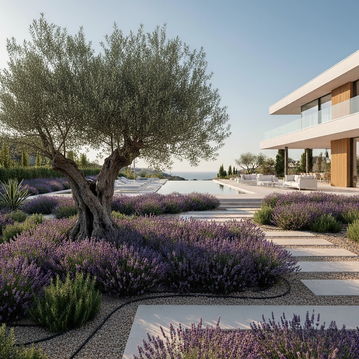 Espectacular jardín mediterráneo de bajo mantenimiento en una villa de lujo en Jávea, con olivos, lavanda y un diseño de paisajismo sostenible.