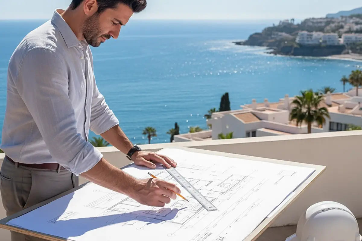 Arquitecto de La Quinta Fachada revisando planos técnicos para una licencia de obra en Benissa, con el mar Mediterráneo de fondo.