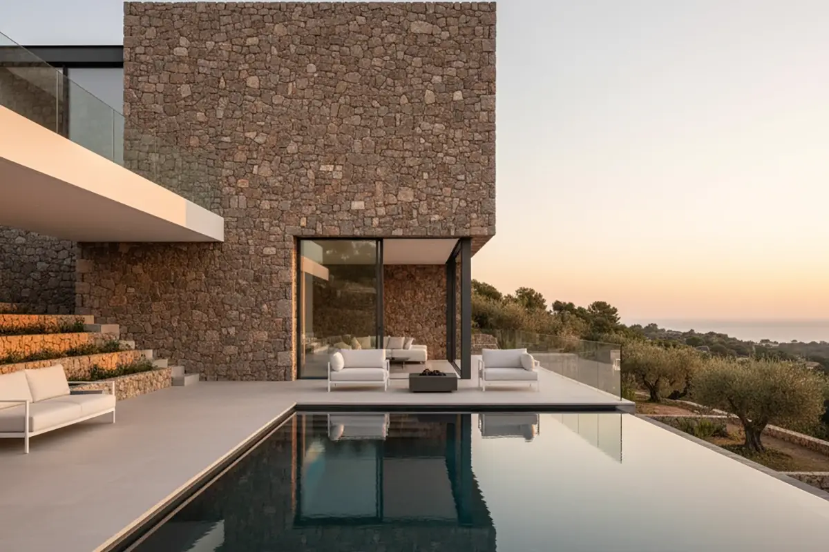 Fachada de una villa de lujo moderna en Moraira que integra un espectacular muro de piedra seca, mostrando el diseño de piedra seca en villas modernas.