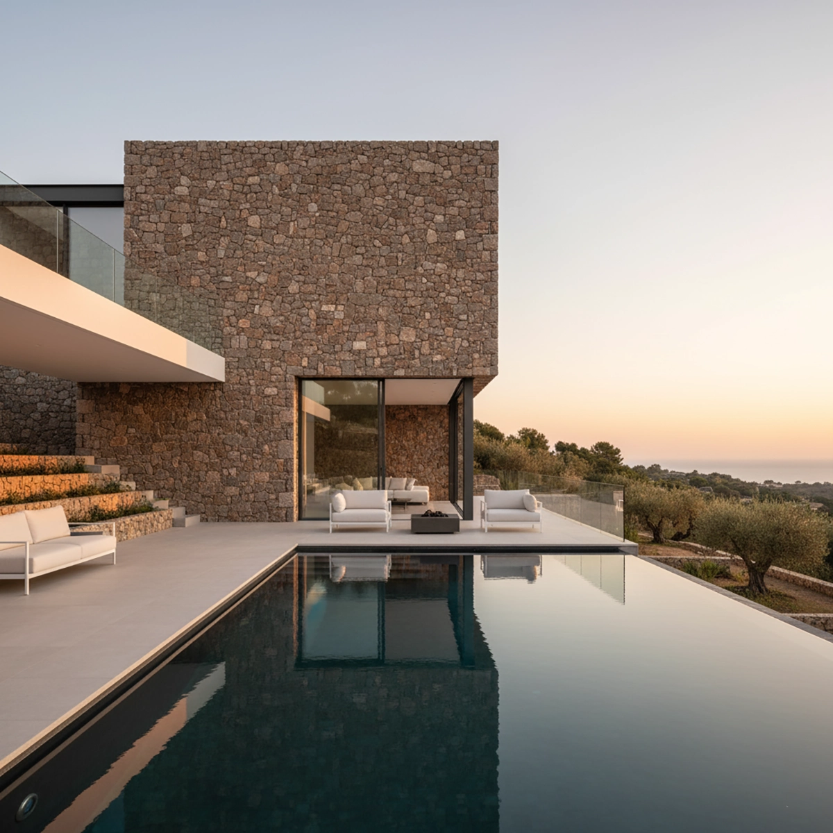 Fachada de una villa de lujo moderna en Moraira que integra un espectacular muro de piedra seca, mostrando el diseño de piedra seca en villas modernas.