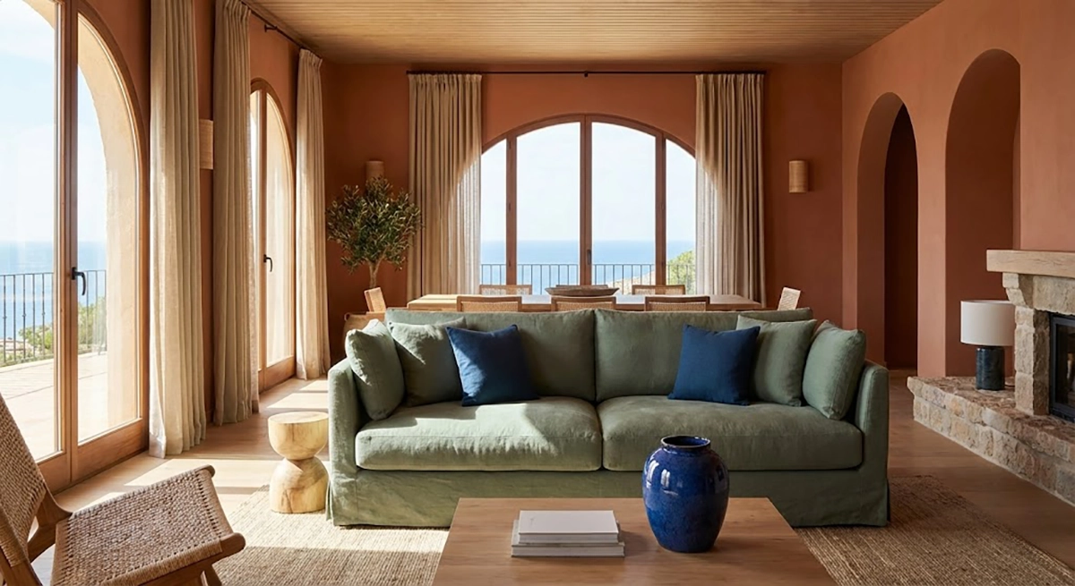 Salón de una villa decorado según las tendencias de color 2026 en Altea
