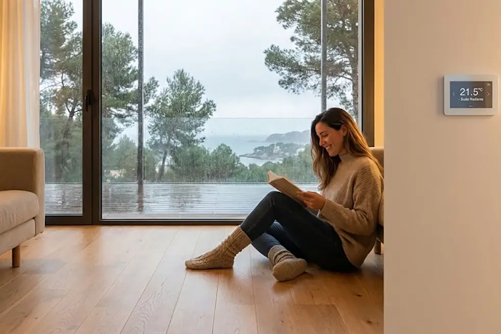 Salón de una villa de lujo con suelo de madera natural, sin radiadores, climatizado mediante aerotermia y suelo radiante en invierno.