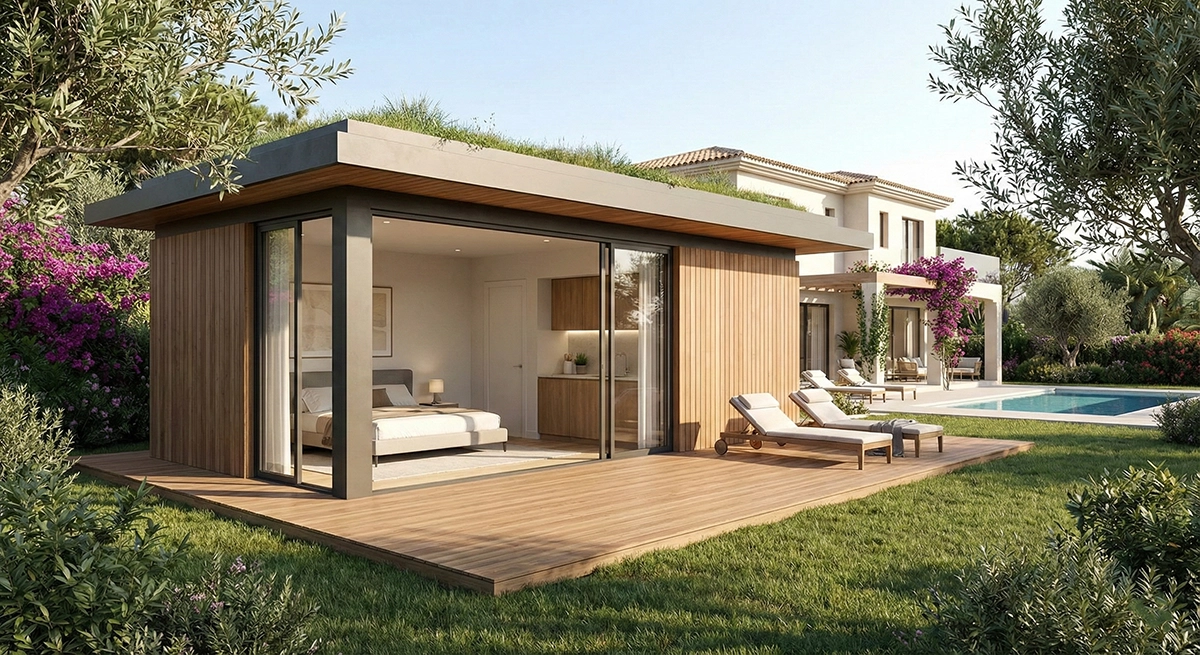 Diseño moderno de casas de invitados en el jardín de una villa de lujo en la Costa Blanca.