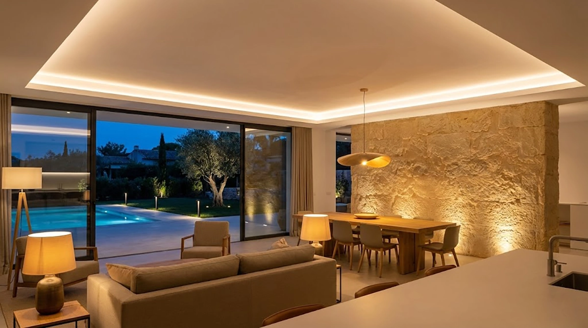 Salón de villa de lujo al anochecer con diseño de iluminación arquitectónica cálida e indirecta.