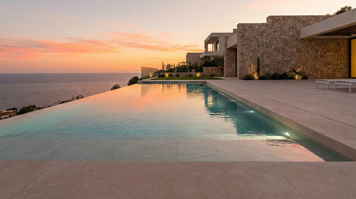 Espectacular diseño de piscinas infinity de agua salada en una villa de lujo en Altea, fundiéndose con el mar Mediterráneo.