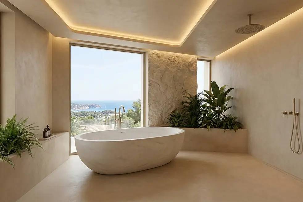 Baño de lujo diseñado con las tendencias en baños spa 2026, con bañera exenta frente a un ventanal, paredes de piedra natural.