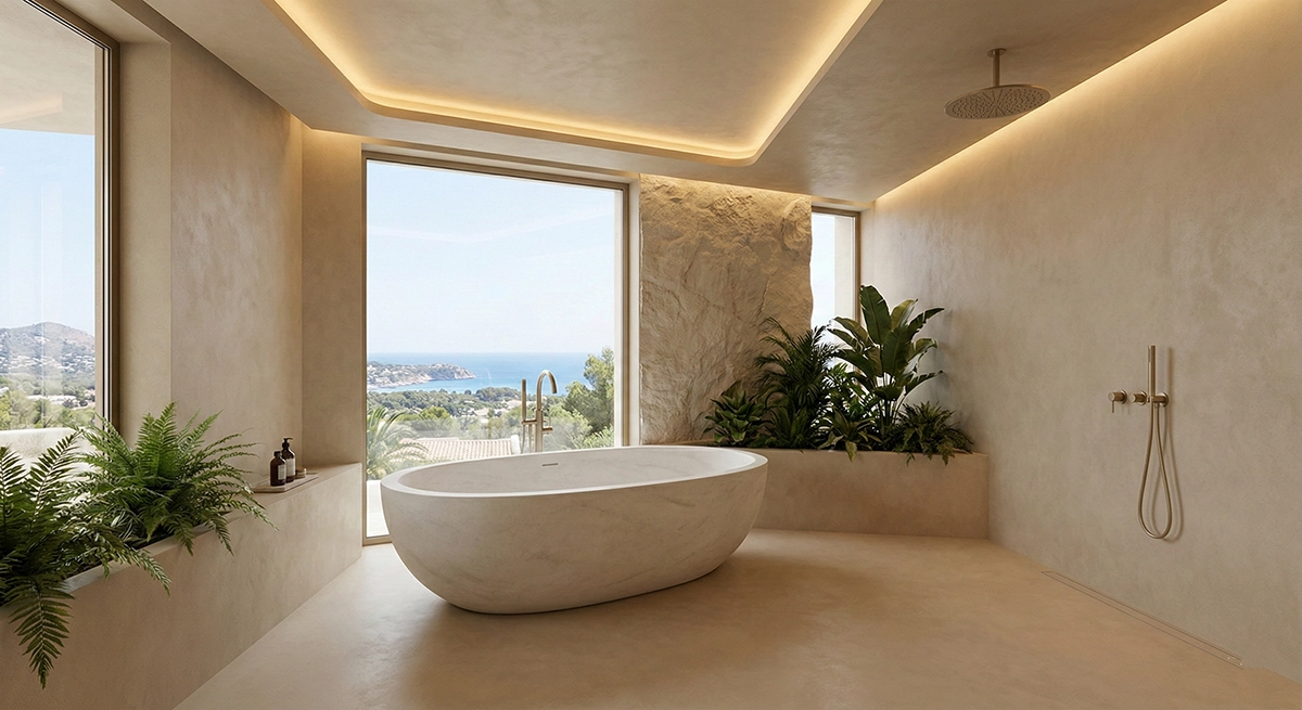 Baño de lujo diseñado con las tendencias en baños spa 2026, con bañera exenta frente a un ventanal, paredes de piedra natural.
